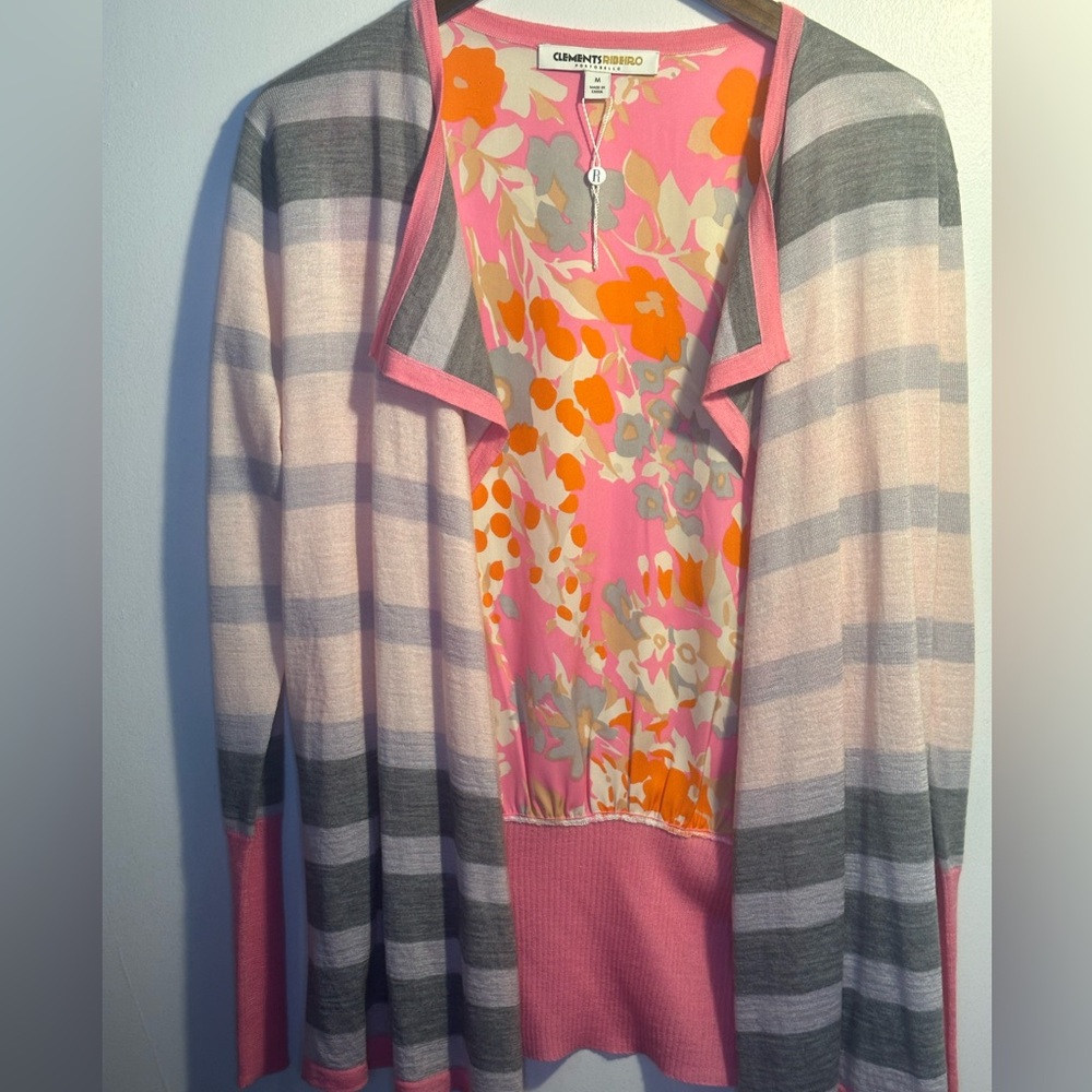 Pink and Gray Plaid Cardigan M Floral